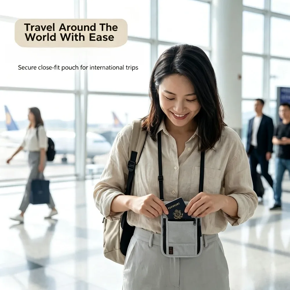 portefeuille de voyage pour le cou, porte-passeport anti-rfid avec sangle de cou réglable pour protéger l'argent, les cartes de crédit et les documents de voyage.