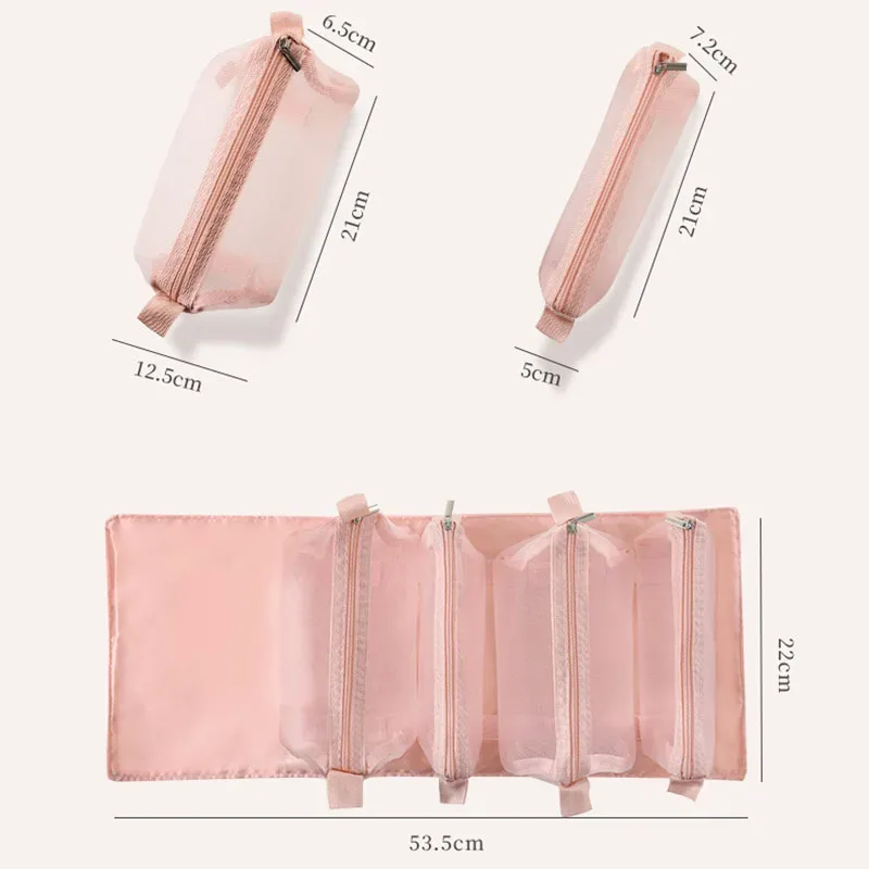 nouveau sac de maquillage pour femmes 4 en 1, sacs de rangement pliables et détachables en maille de nylon, sac de toilette cosmétique de voyage portable de grande capacité