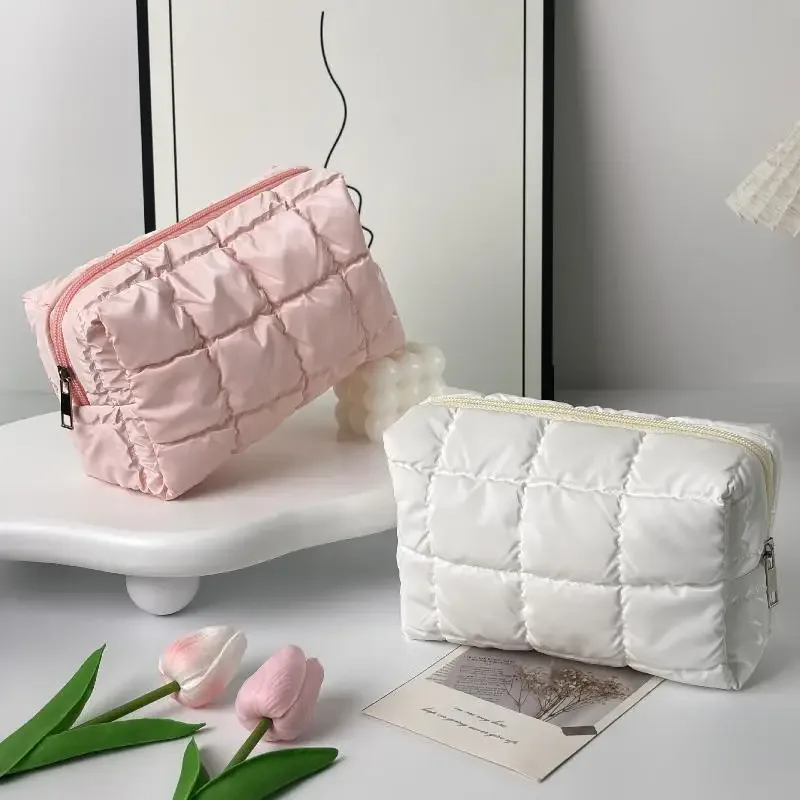 Grande trousse de toilette zippée, mignonne, en coton doux, matelassée, pour femmes
