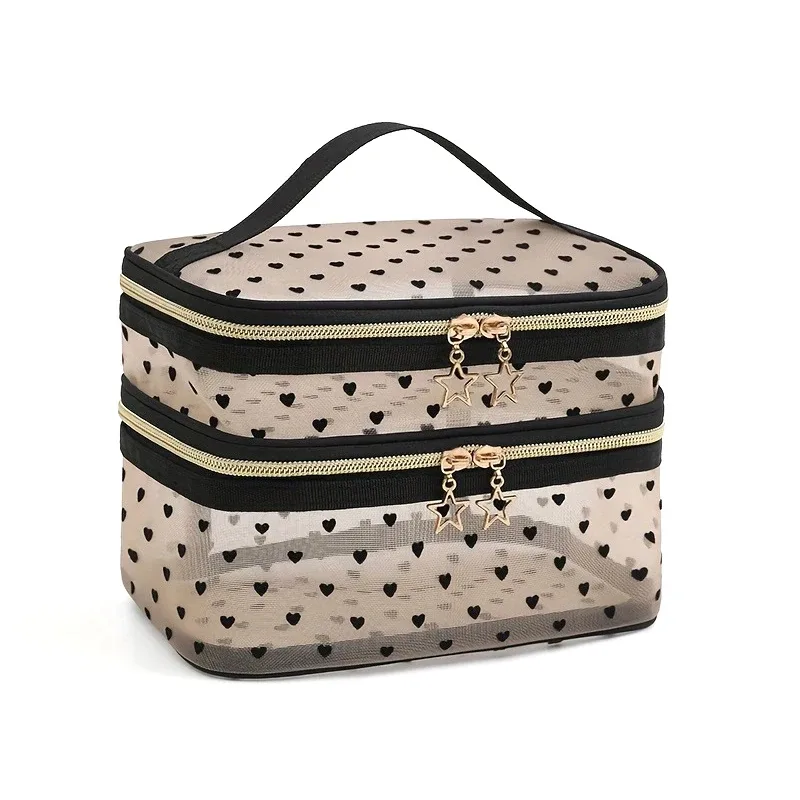 trousse de maquillage en maille de grande capacité, essentiels de voyage, trousse de toilette pour cosmétiques, design à double couche
