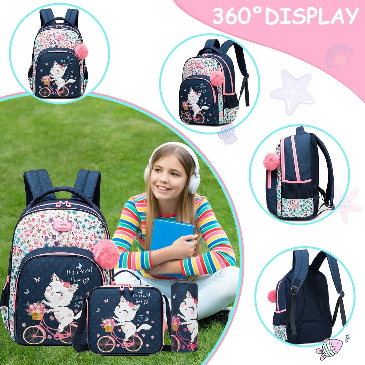sac dos polyester bleu marine chat rose bicyclette fleurs multicolores grande capacité poche ordinateur portable roues fixes accessoires enfants voyage ecole