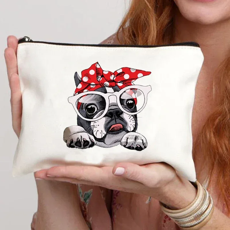 trousse de maquillage en toile pour femme, trousse de toilette, valise professionnelle, impression de dessin animé, bouledogue français, drôle