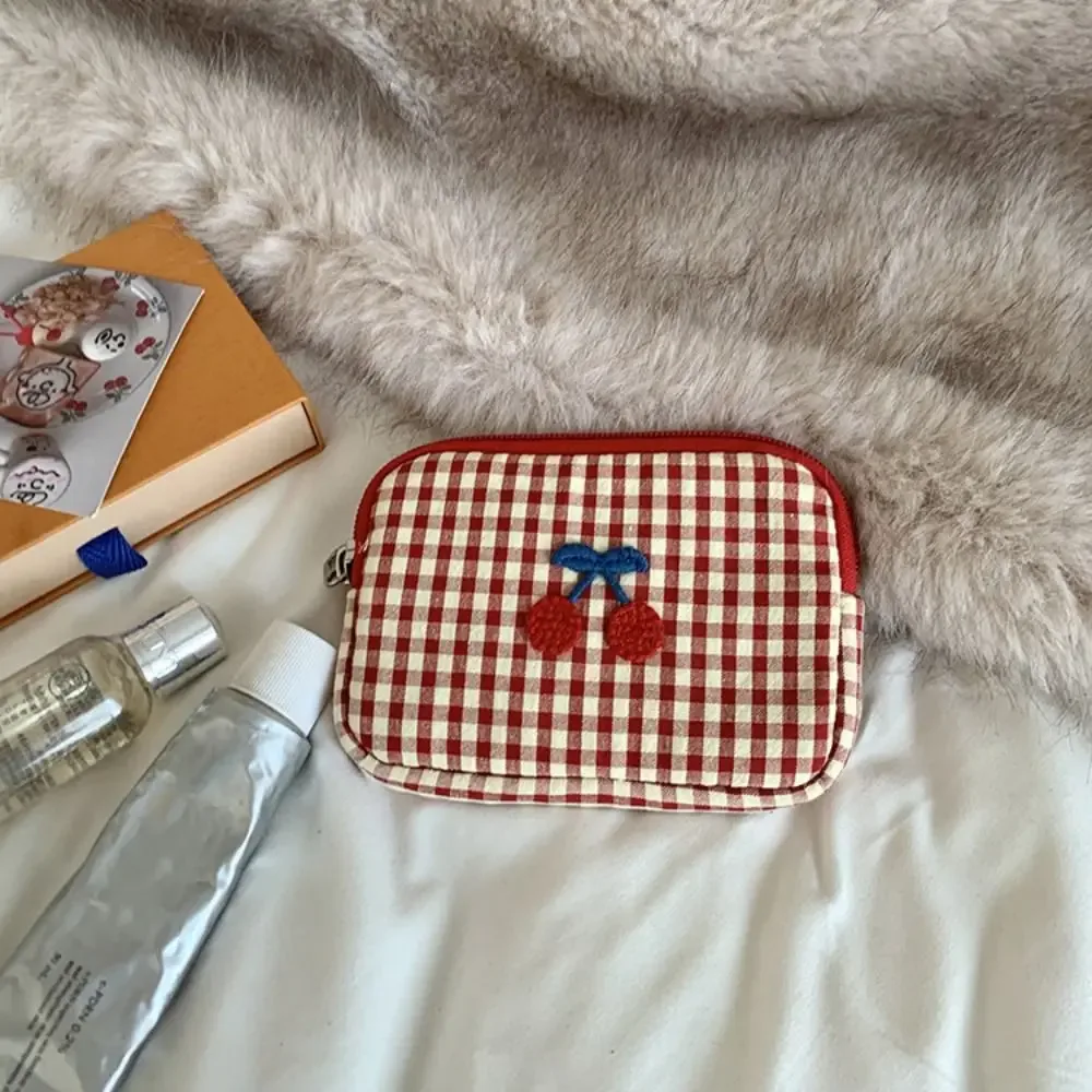 sac de maquillage portable en coton à carreaux, pochette multifonctionnelle, trousse à cosmétiques cerise, porte-cartes, sac de rangement de voyage en tissu
