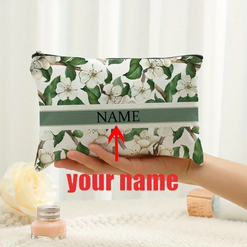 1 pièce trousse de maquillage personnalisée avec nom et motif floral imprimé, sac de rangement de voyage pour articles de toilette, organisateur de cadeaux de fête, pochette cosmétique