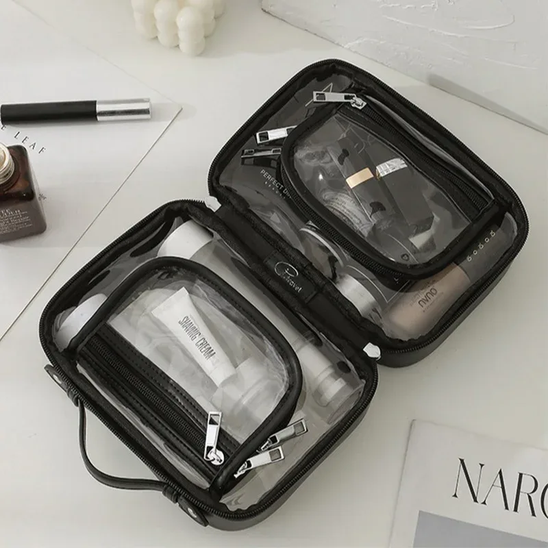 trousse de maquillage transparente en pu imperméable pour femme, sacs de lavage, décontracté, portable, voyage, soins de la peau, stockage, évaluation, maquillage, trousse de toilette