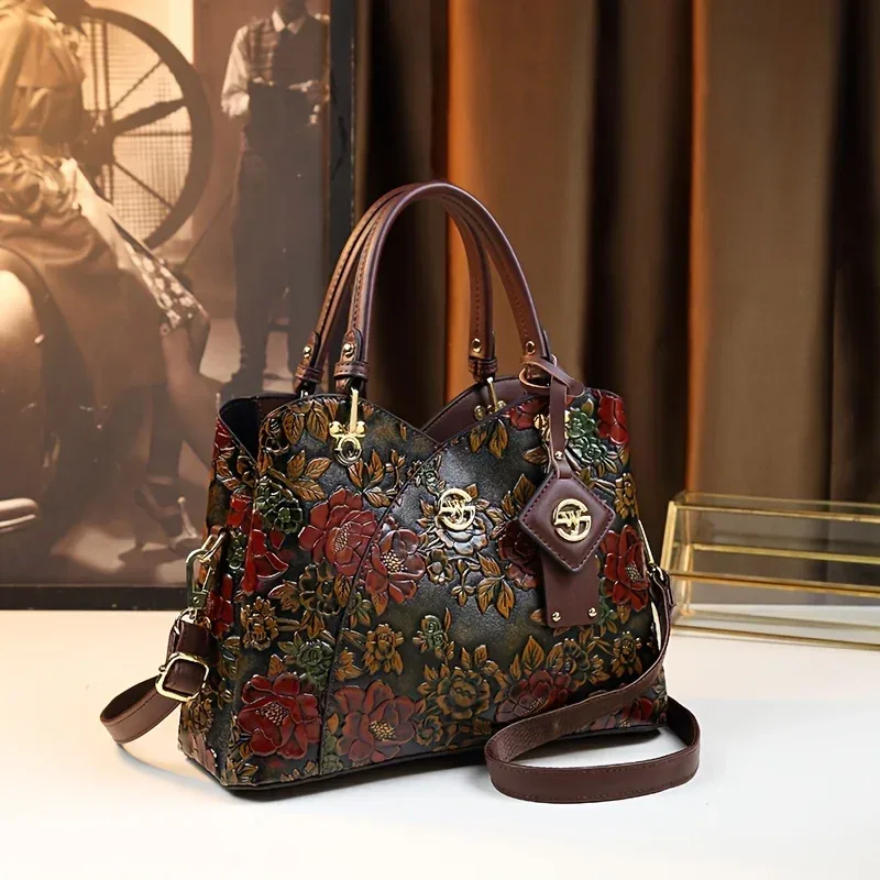sac à main à motif de fleurs vintage, sac fourre-tout de luxe en cuir pu, sac à bandoulière à la mode pour femmes