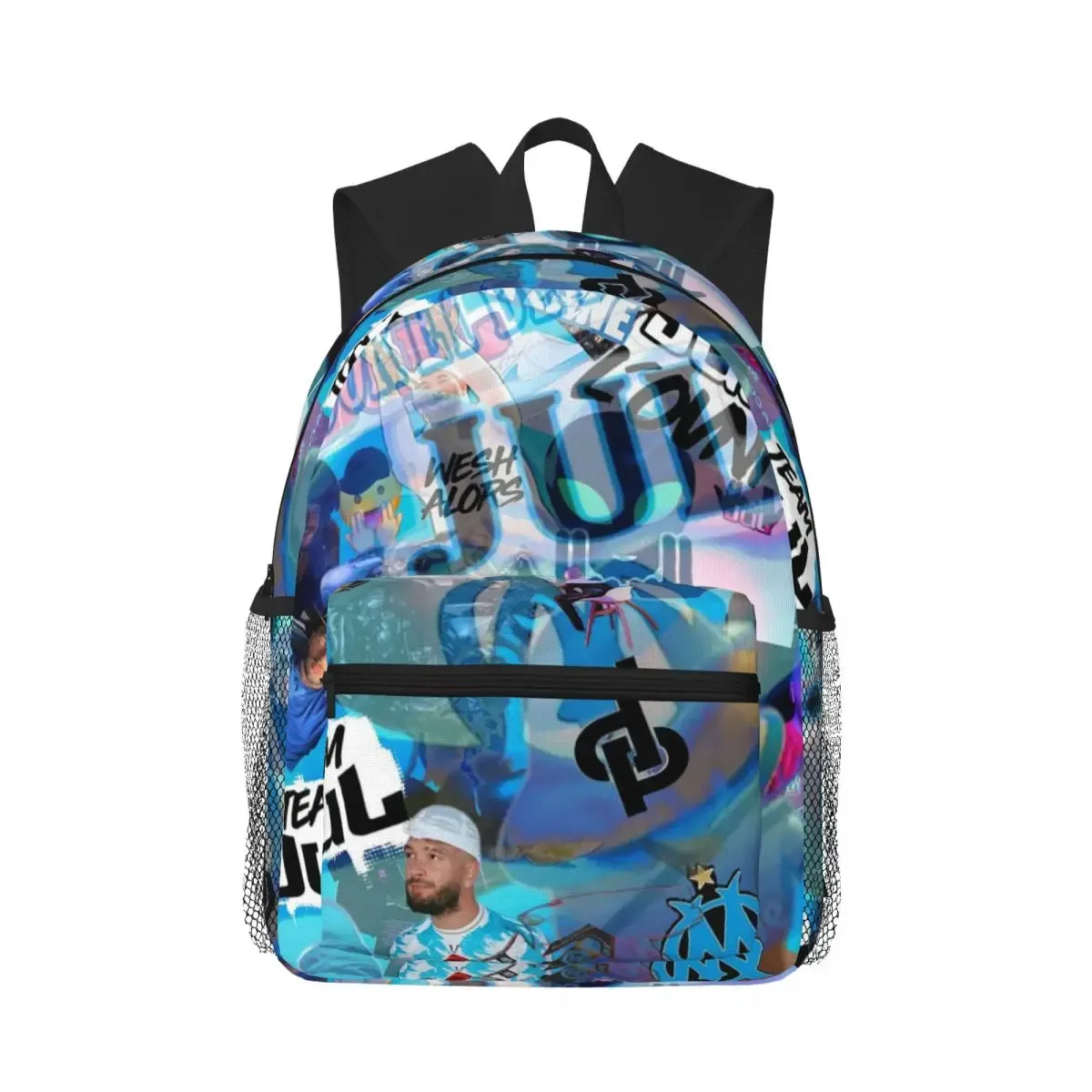 sac dos polyester motif coloré relief trousseaux beige noir bleu format rectangulaire poches lateral maille noire usage étudiant école voyage