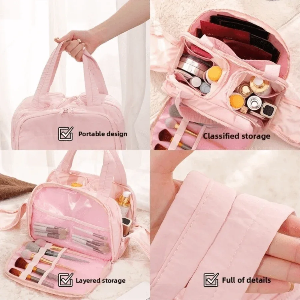 trousse de toilette de voyage de grande capacité, organisateur de maquillage léger en pu, plusieurs compartiments, poignée, mallette de rangement de voyage, salle de bain