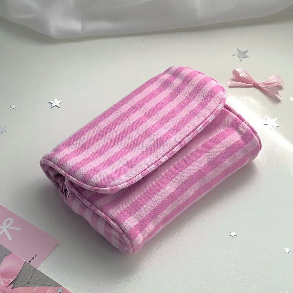 Trousse de Maquillage Portable en Toile à Pois avec Miroir, Sac Cosmétique Rose Rayé à Fermeture Éclair, Pochette de Voyage pour Articles de Toilette