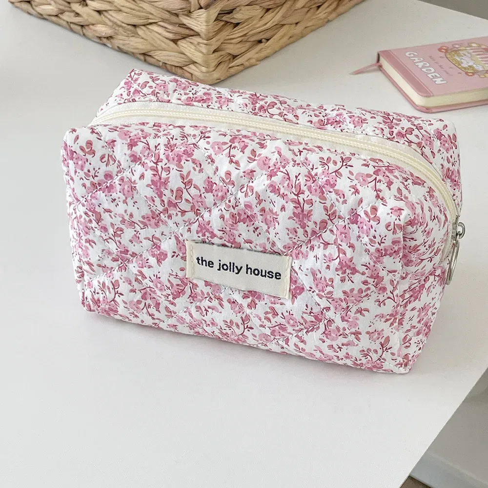 sac de rangement de maquillage matelassé à fleurs, organisateur de voyage portable, pochette de toilette cosmétique, sac à main de maquillage mignon, sacs floraux, vente en gros