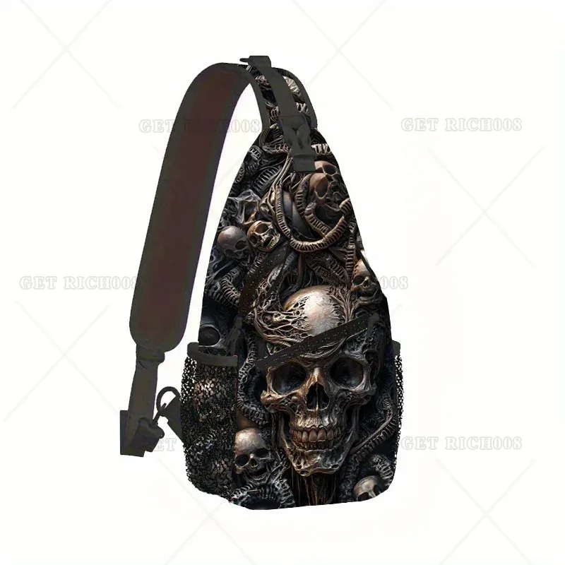 sac à bandoulière gothique punk imprimé crâne – sangle réglable, bandoulière légère pour les voyages et les sports de plein air, design sombre unique