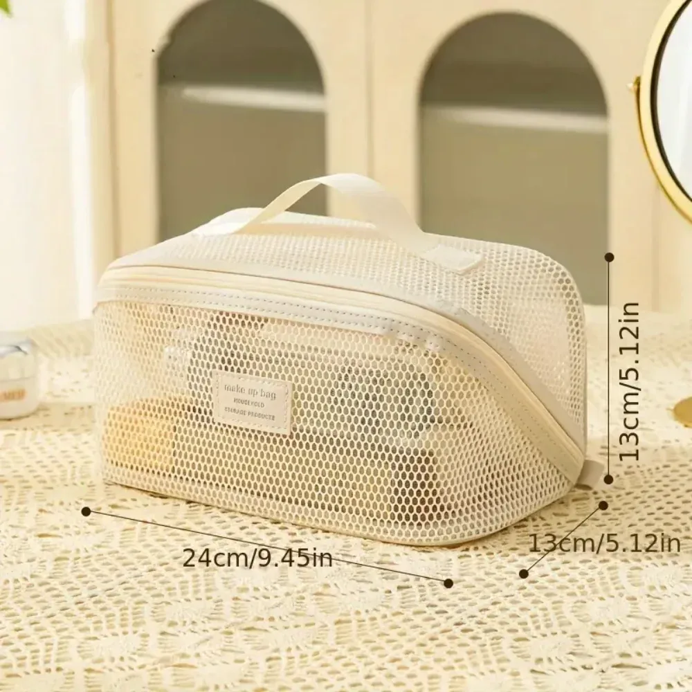 sac à cosmétiques en maille pour femmes et filles, sac de maquillage léger et portable avec poignée, sac de rangement ajouré pour le voyage