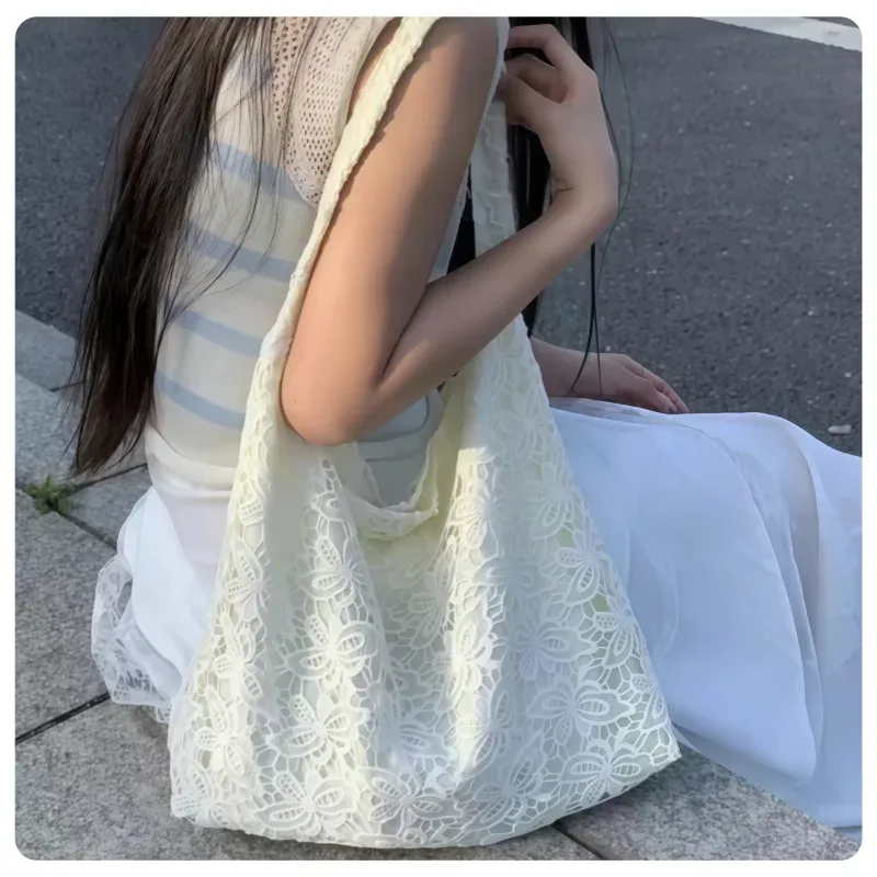 sac à main de plage grande capacité en dentelle tissée à motif papillon style bohème printemps-été pour étudiants et employés de bureau, sac à bandoulière, sac fourre-tout