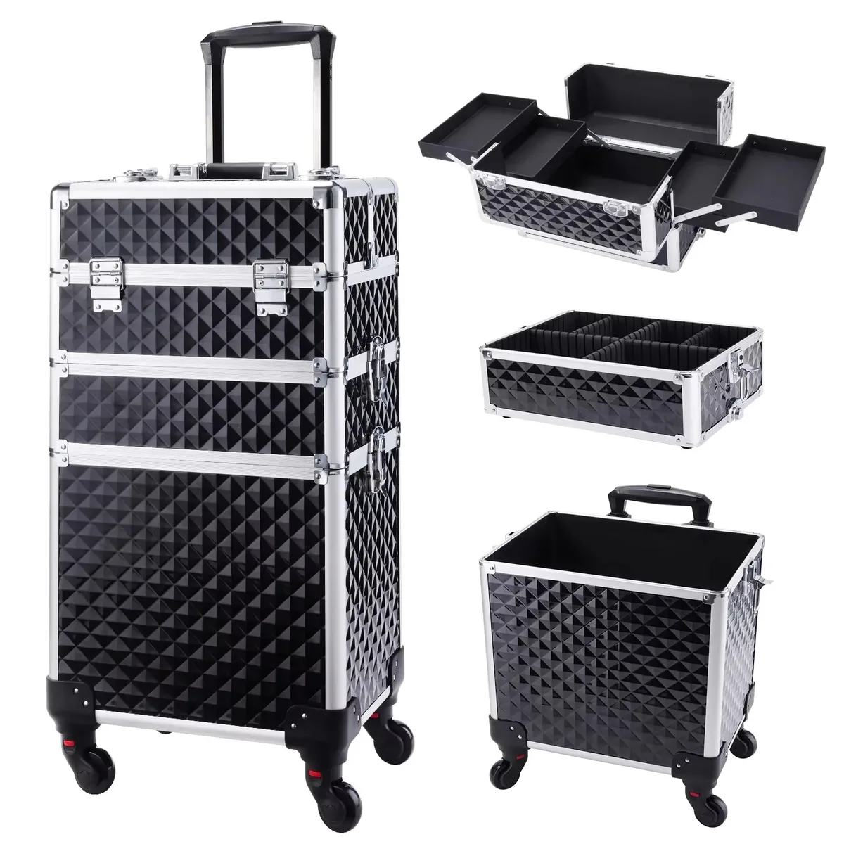 trousse de maquillage roulante 3 en 1, trousse de maquillage amovible, étui de cosmétologie sur roulettes, chariot de maquillage verrouillable de grande capacité pour salon