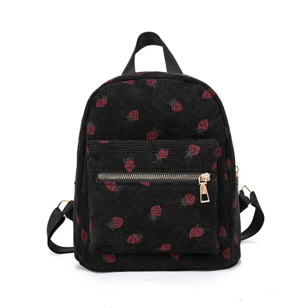 sac à dos fraise en velours côtelé, multi-poches, sangle réglable, sac à dos de voyage, grande capacité, motif fraise, sac à dos quotidien