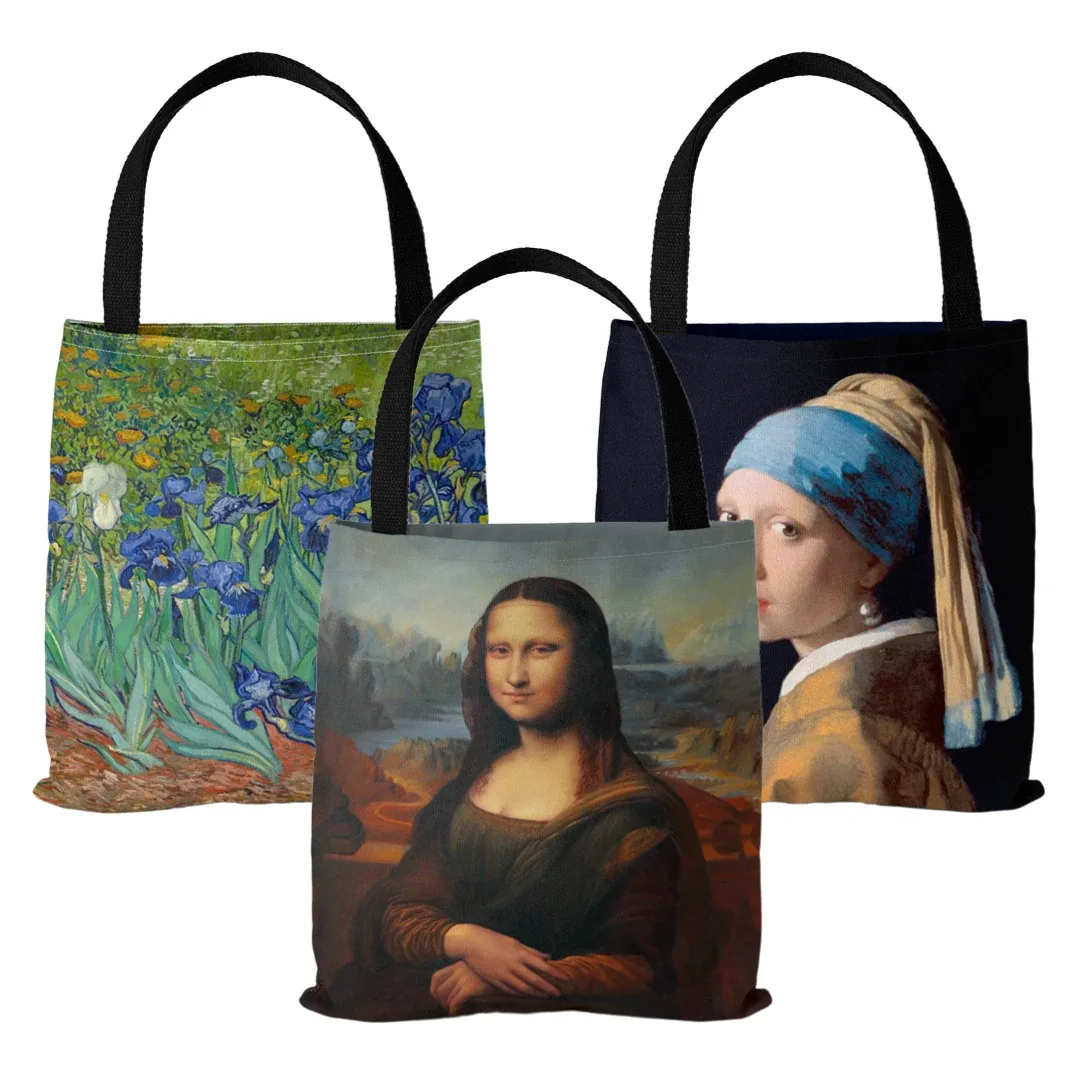 [bouche en toile] sac en toile imprimé peinture à l'huile sac fourre-tout léger pour femme sac à main quotidien sac à provisions multifonctionnel