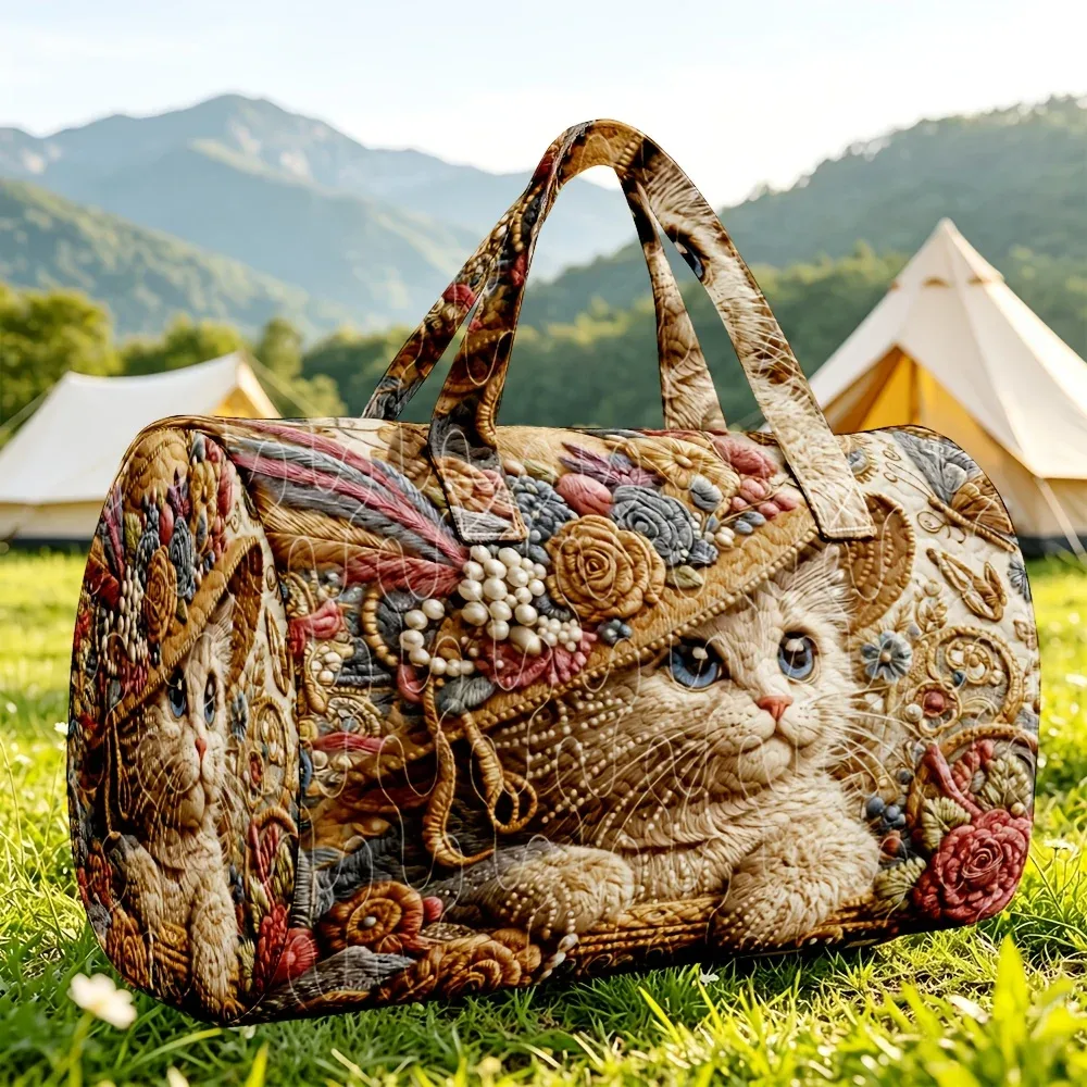 sac de voyage matelassé vintage imprimé chat, grande capacité, sac de week-end pour femme, sac à main vintage à motif floral et chat pour le camping et les voyages d'une nuit