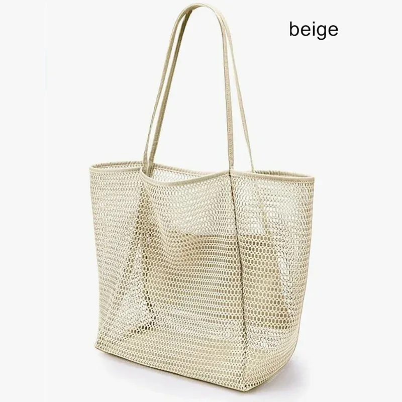 sac de plage grande capacité pour femme, pliable, en maille, sac de natation, sac à bandoulière tissé avec ouverture supérieure pour les voyages et le shopping