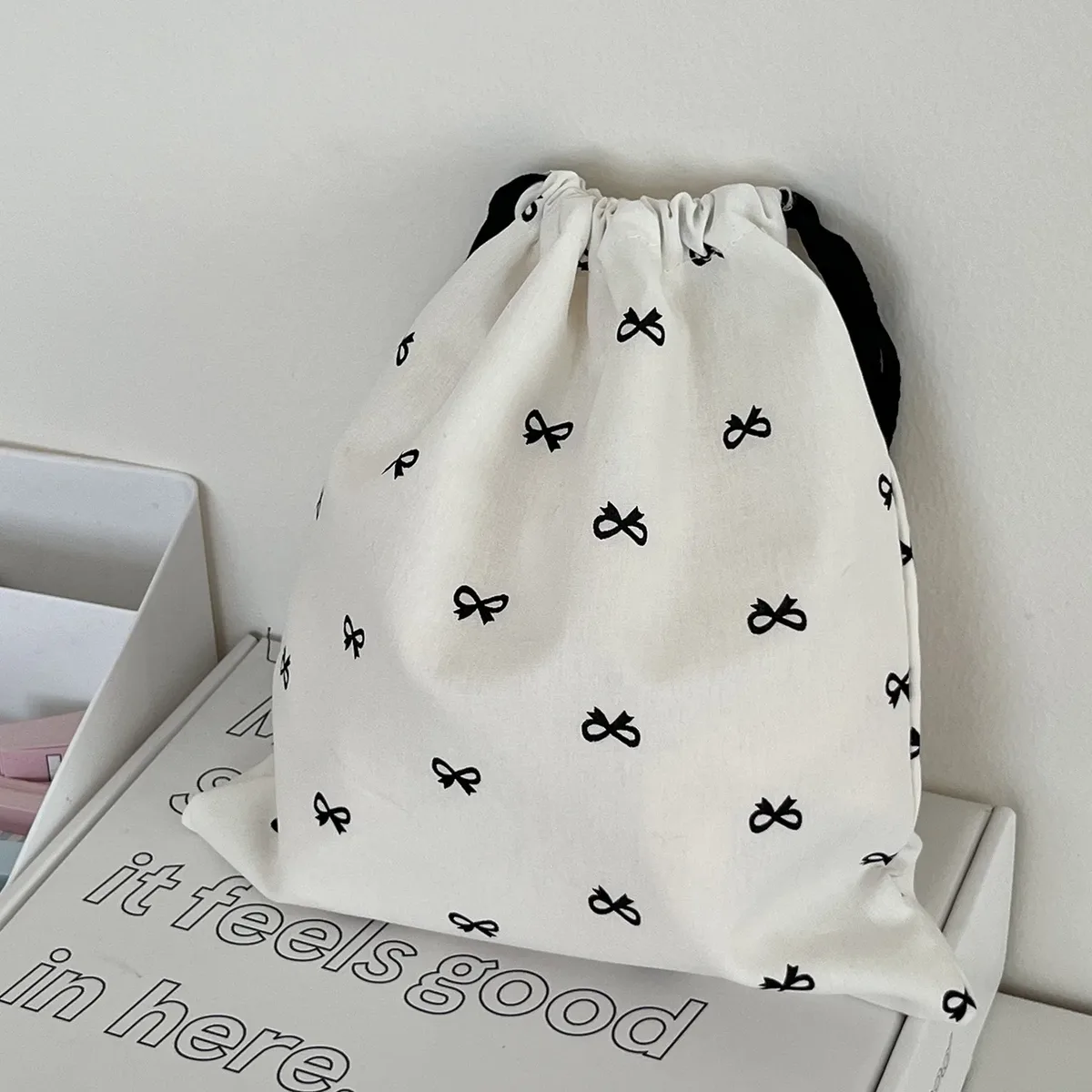 sac de rangement en toile avec nœud imprimé pour femme, sacs à main mignons pour filles d'université, sacs à cordon de proximité, étui de maquillage de voyage portable simple pour femme