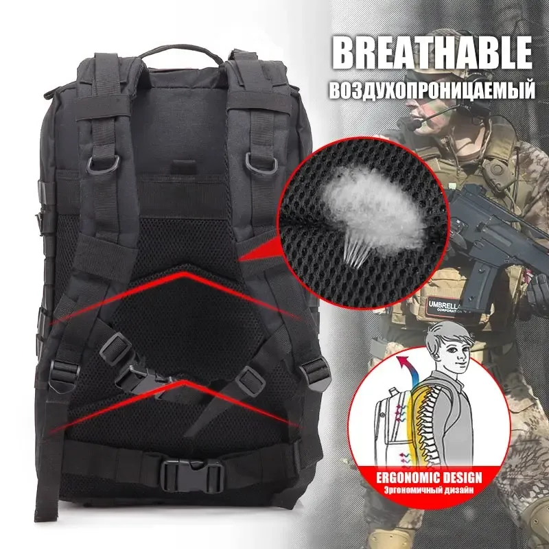 sac dos polyester noir bandes horizontales poche latérale patch américain survie plein air trekkings capacité 36 55 litres