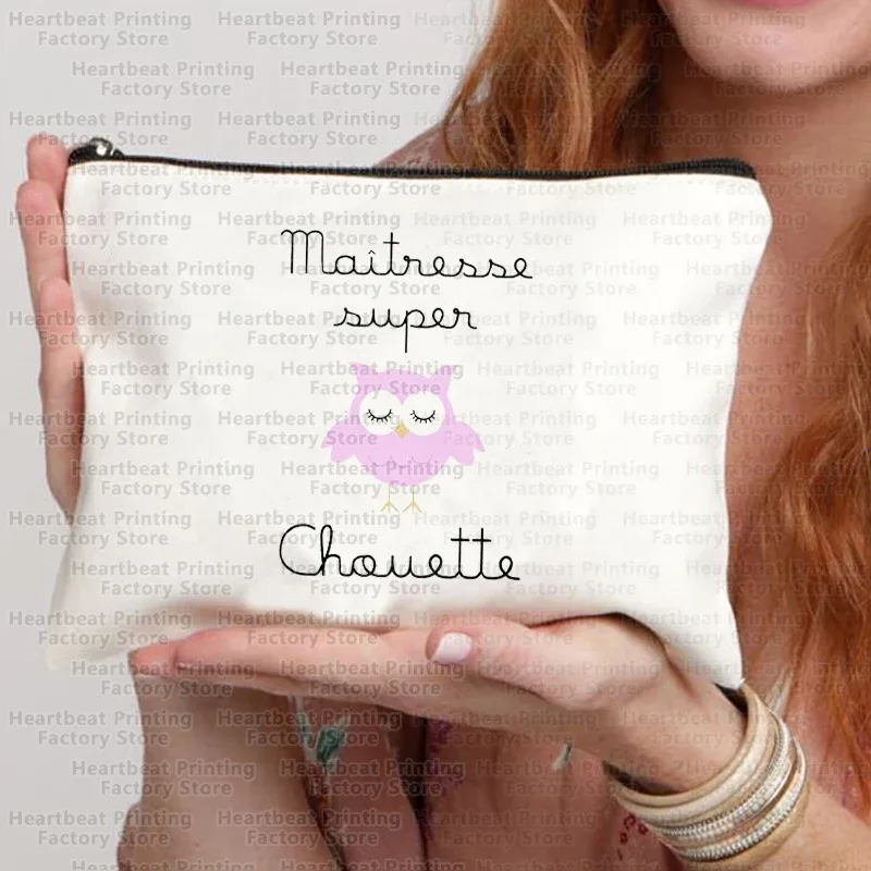 sac à cosmétiques de voyage imprimé français merci maîtresse, sac à rouge à lèvres, trousse à crayons, pochette pour femmes, cadeau de rentrée scolaire