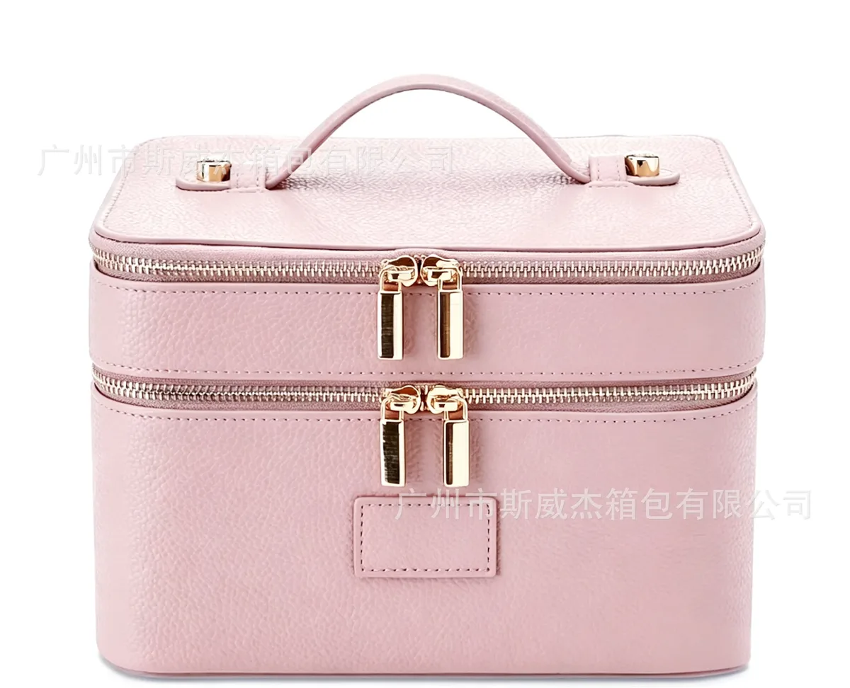 nouvelle trousse de maquillage double couche en cuir pu imperméable grande capacité haut de gamme, sac de voyage et de rangement pour cosmétiques
