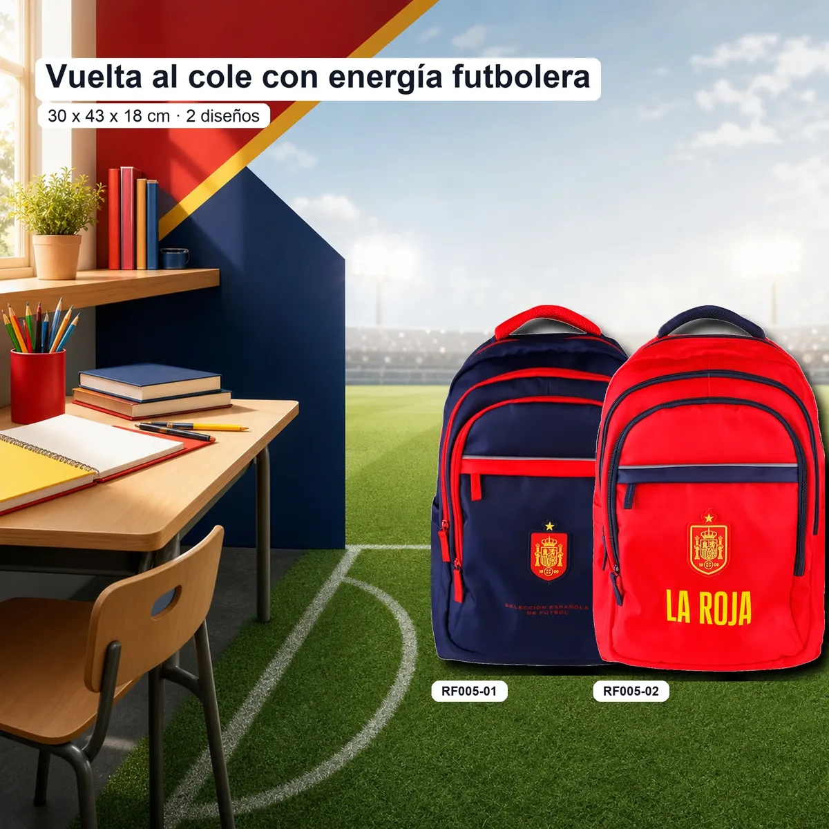 sac à dos scolaire la roja de l'équipe nationale de football espagnole "la roja", produit officiel sous licence. sac à dos de football de l'équipe nationale 43x30x18cm rouge et bleu marine avec compartiments.