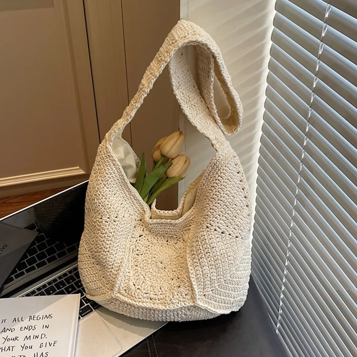 sac fourre-tout tendance rétro en coton tricoté à la main, nouveau style, sac à bandoulière souple pour femme, sac de shopping