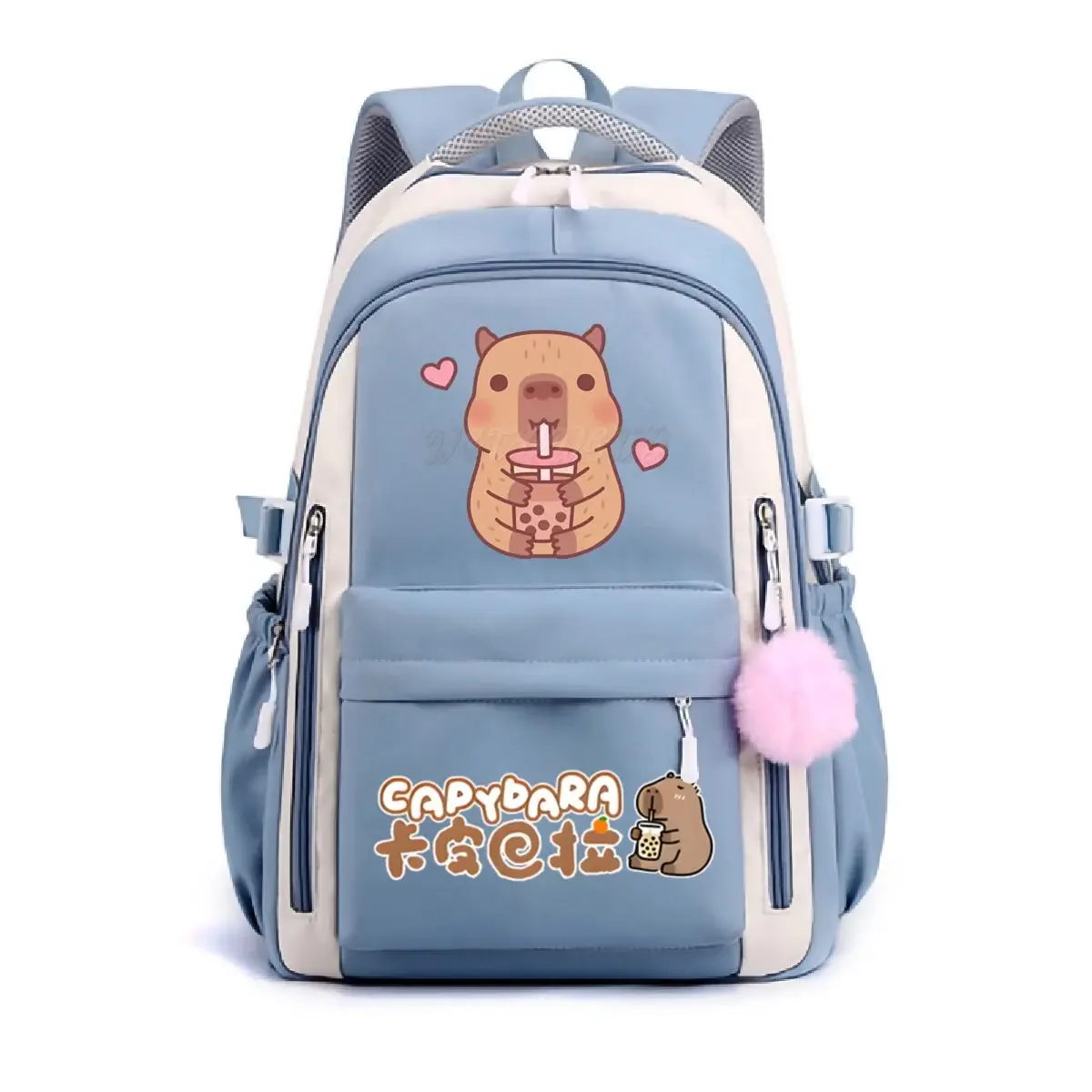 sac dos nylon dessin animé capybara pompon bandes colorées bleu clair rose violet décontracté ordinateur poches ouvertes