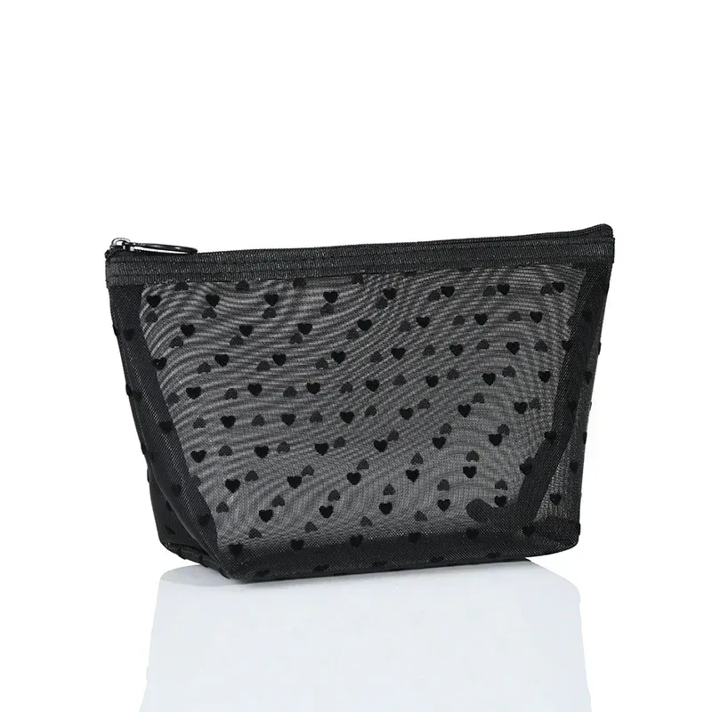 sac à cosmétiques en maille de nylon, organisateur de toilette en forme de cœur à fermeture éclair, sacs de maquillage multifonctionnels pour femmes, rouge à lèvres, clé, porte-monnaie