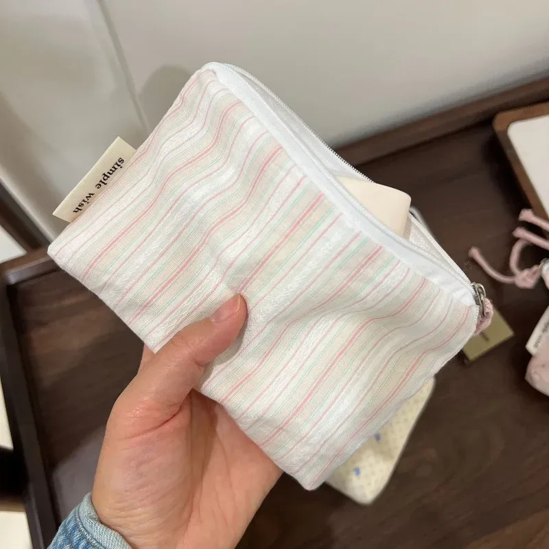 pochette de maquillage rayée rose pour femme, mini sac à cosmétiques mignon, sac de rangement portable pour clés, écouteurs, rouge à lèvres, porte-monnaie