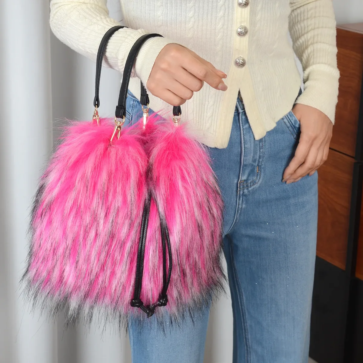 sac à main tendance en fausse fourrure pour femme, collection automne-hiver, sac seau de luxe, sac fourre-tout en fausse fourrure de raton laveur, sac à main haut de gamme