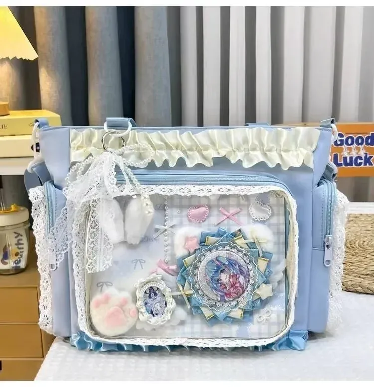 y2k nouveau sac à bandoulière doux ita lolita fille sac à bandoulière transparent femmes grande capacité sac fourre-tout en dentelle mignon bricolage affichage sac à main