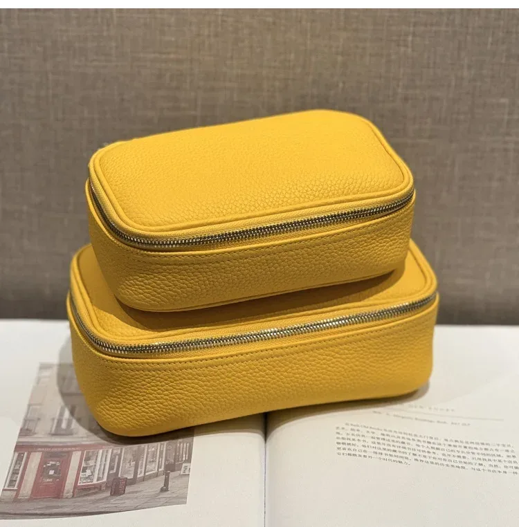 sac de maquillage en cuir véritable, design simple, cuir de vachette de première qualité, sac de toilette portable, sac de rangement pour cosmétiques pour femmes, sac de voyage