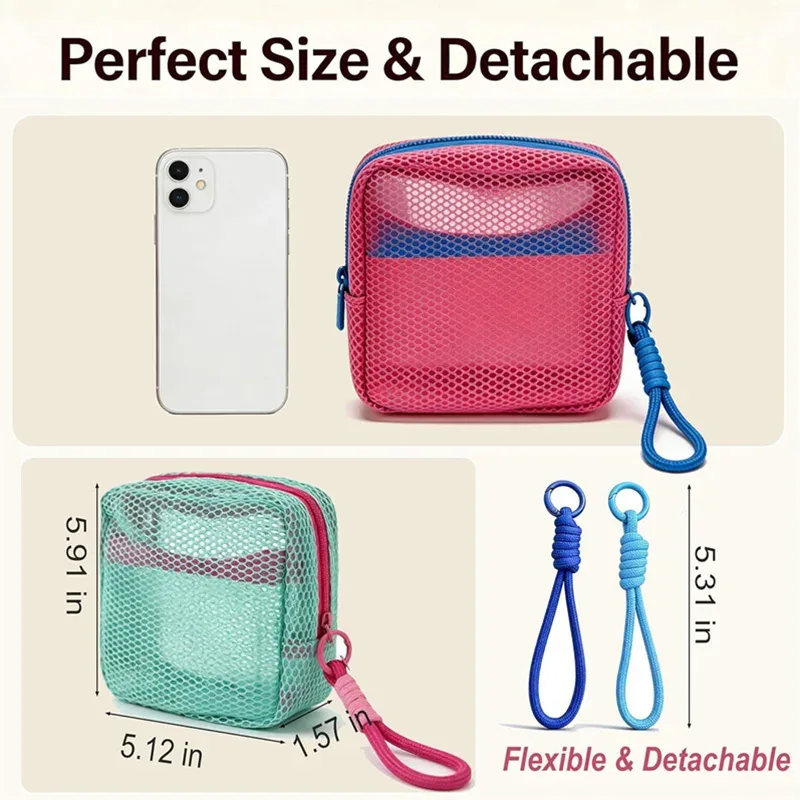mini sac de maquillage en maille avec design dopamine perspective, sac de rangement pour crème solaire, clés, câbles, avec sangle de poignet amovible