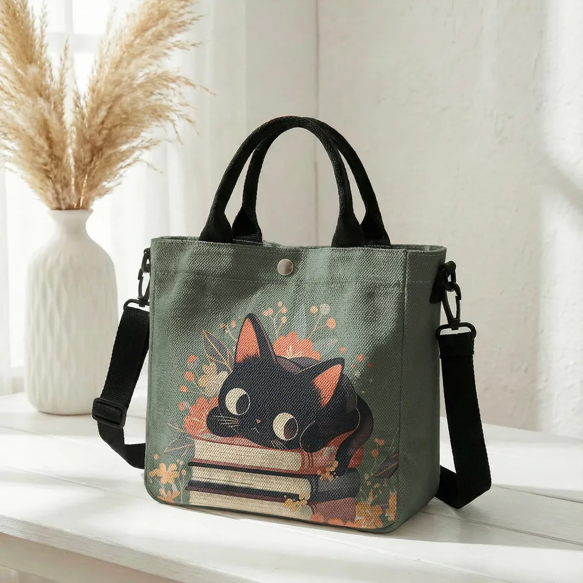 sac fourre-tout à imprimé floral avec chat noir mignon empilé sur des livres, sac à bandoulière détachable pour femme, idéal pour le shopping quotidien