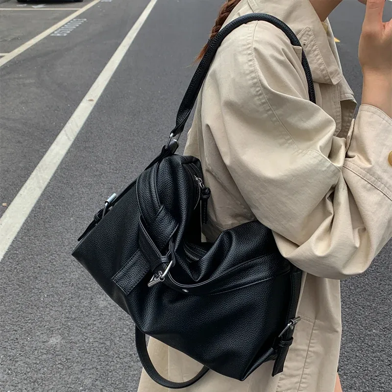 sac fourre-tout en cuir souple de grande capacité, sac à main avec boucle de ceinture, nouveau sac messager à bandoulière rétro pour fille, sac de moto