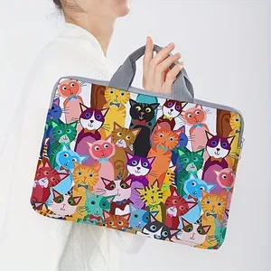 sac pour ordinateur portable à poignée, imprimé avec un motif de chats de dessin animé colorés, un ensemble pour deux styles, adapté aux ordinateurs portables de 14 pouces