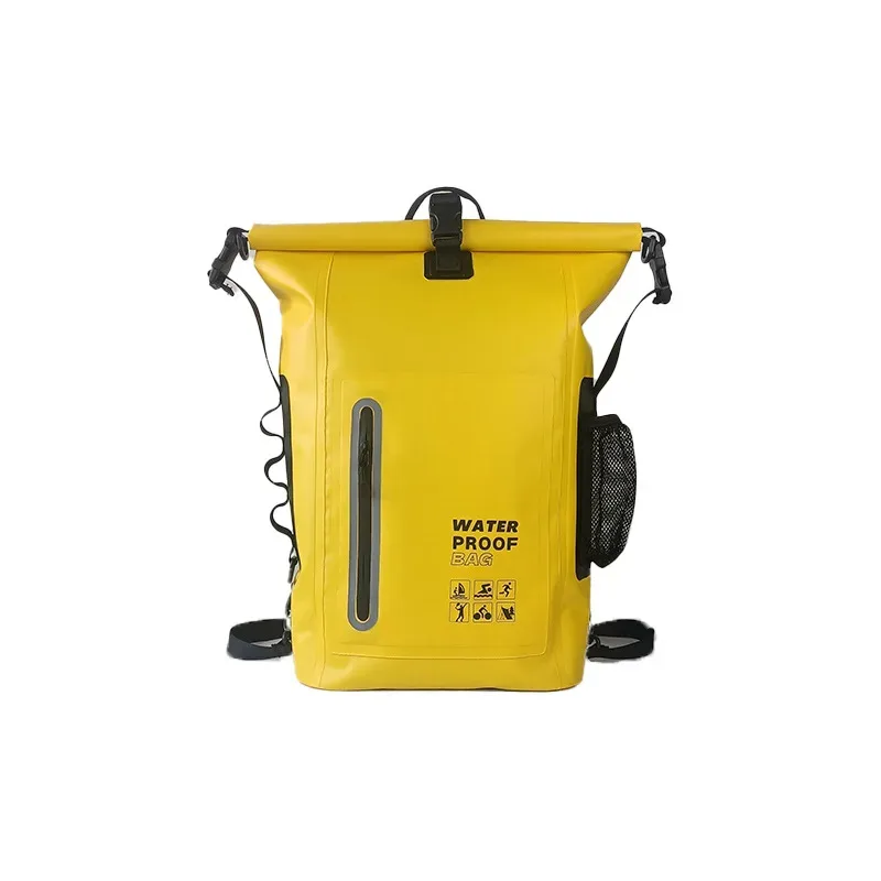 sac dos pvc étanche noir vert olive jaune bandes réfléchissantes poches latérales cadre externe ceinture coussin air usage voyage randonnée camping plage