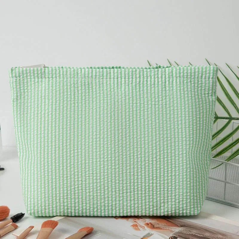 trousse de maquillage en gaze bulle pour femme, sac à main grande capacité, trousse de toilette brodé à rayures, pochette de voyage organisateur