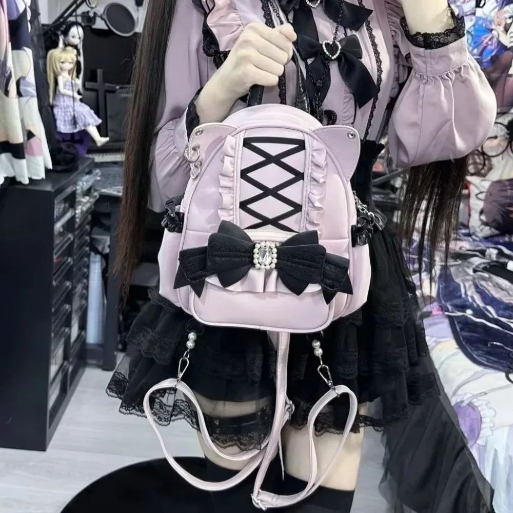mode coréenne y2k punk sac à dos dentelle arc chat oreille lotus dentelle décoration lolita sac à dos en cuir pu grande capacité femmes sac à dos