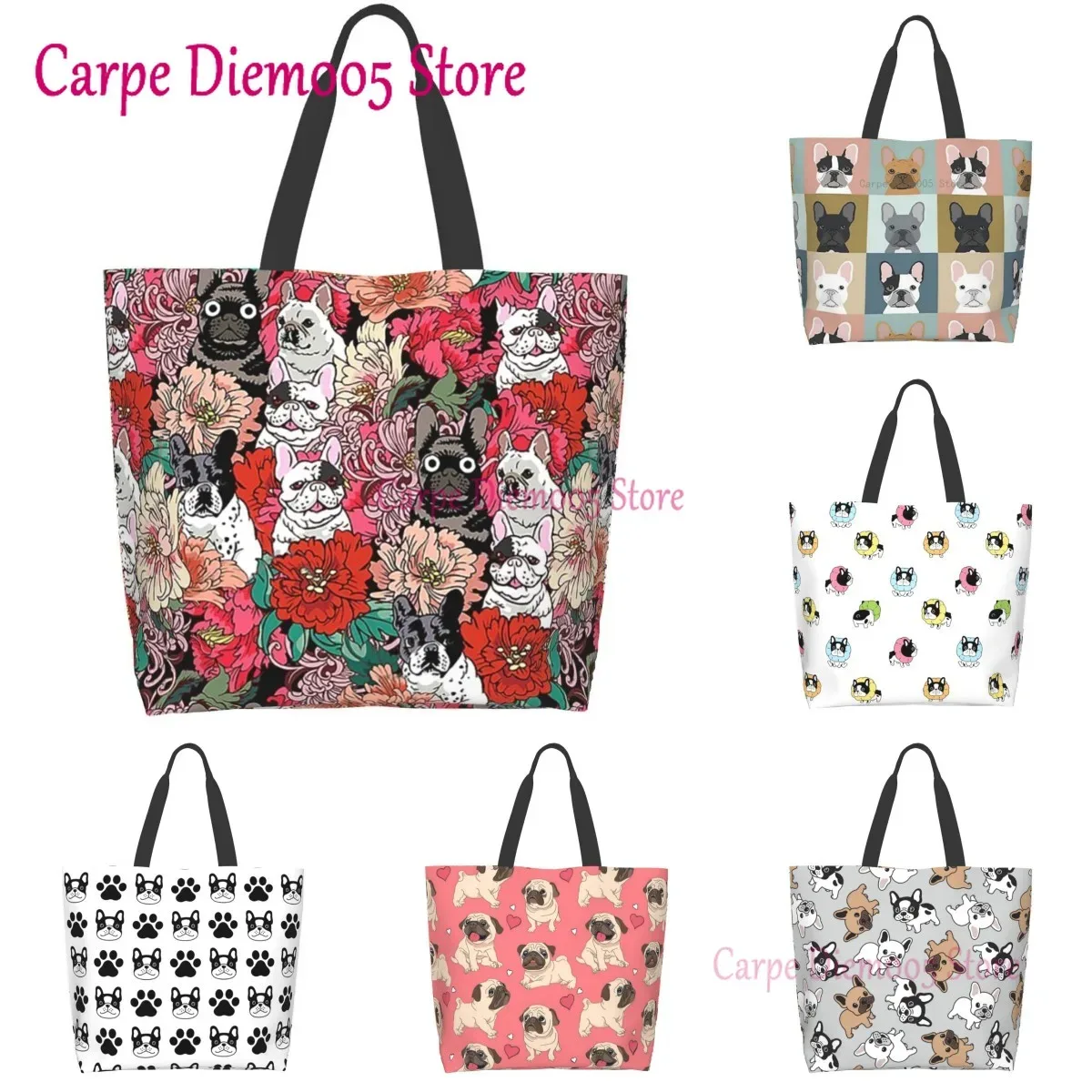 sac fourre-tout grande capacité pour femme, sac d'épicerie pour femme, bouledogues français mignons, initié