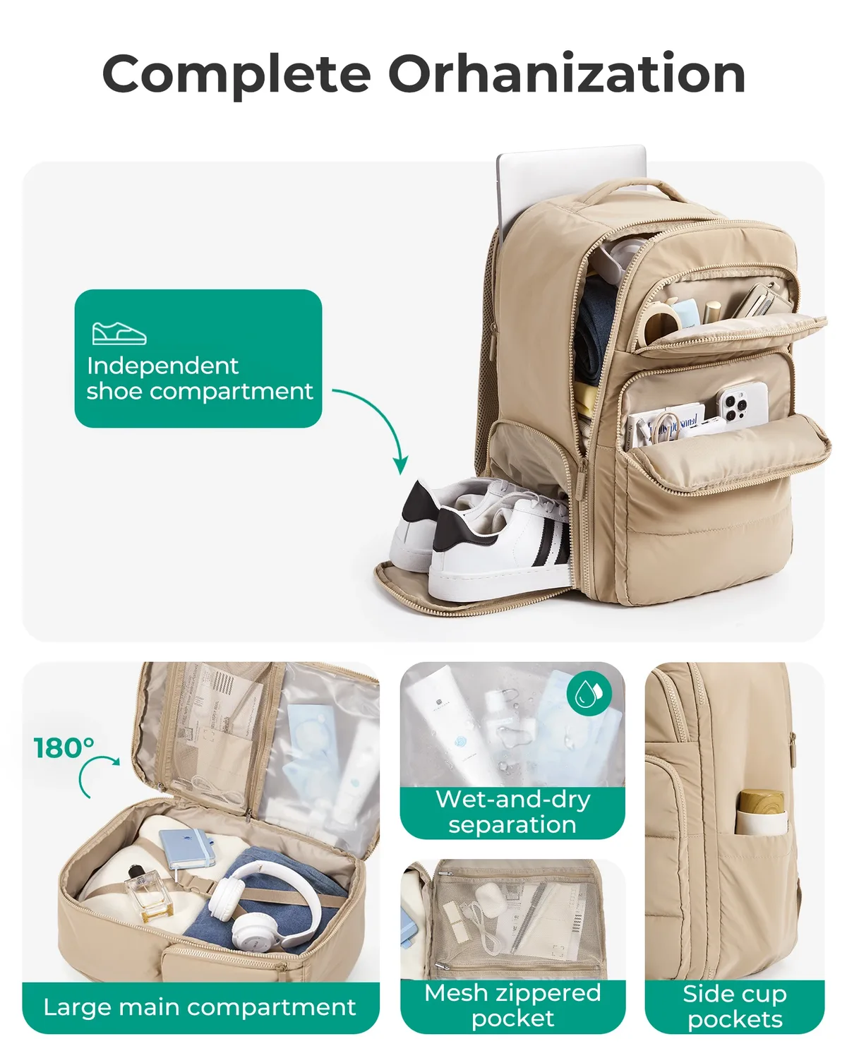 sac dos polyester gris noir kaki 35 litres 17 pouces compacts organisés voyage business week end