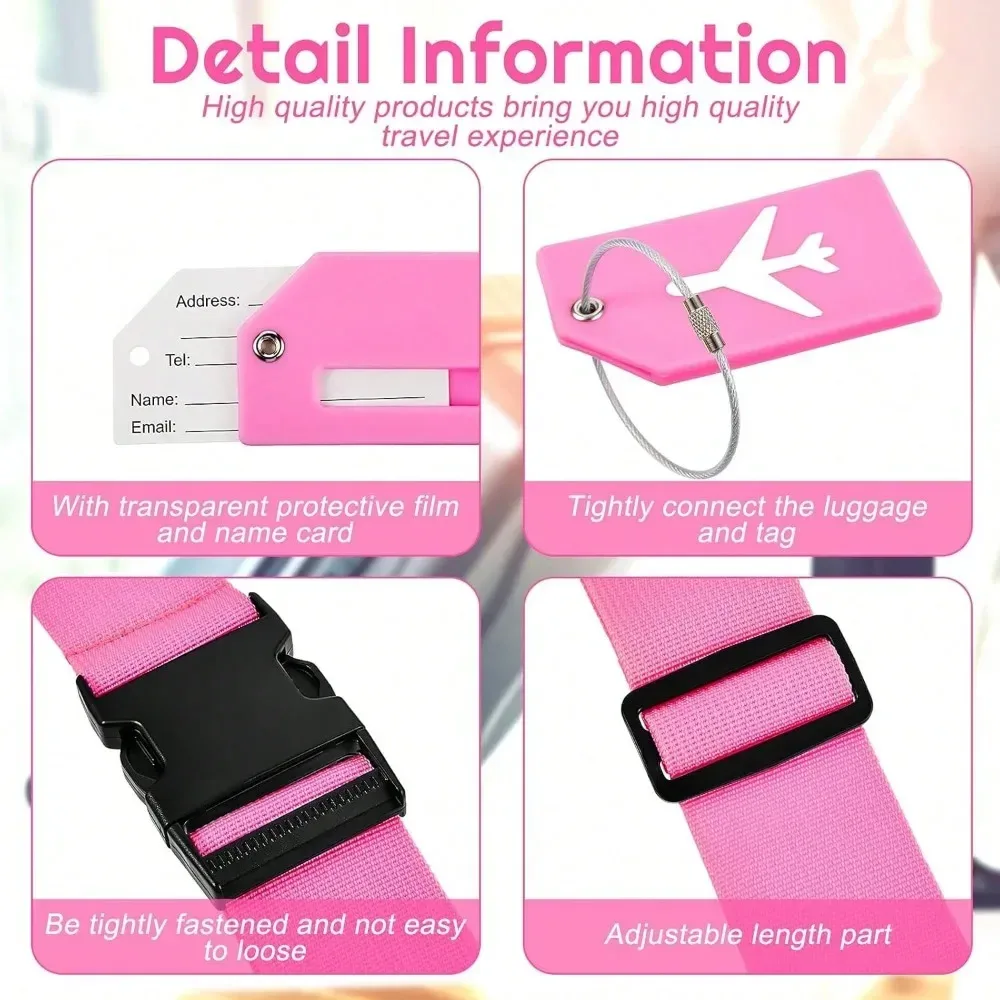 ceinture bagage nylon motif avion blanc fond rose voyage adaptation taille valises couleurs variées étiquette tag correspondant