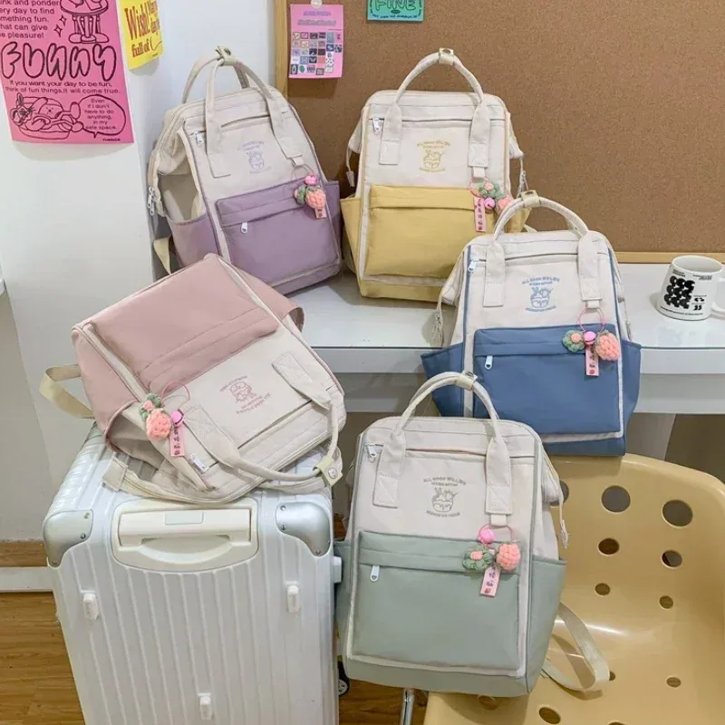 sac dos nylon pastel beige violet bandoulière ouverte motif fruits poche avant voyage loisirs