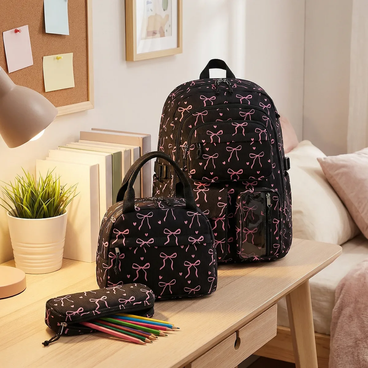 sac à dos en velours côtelé pour femmes, multi-poches, multi-couches, avec sac à lunch et trousse à crayons, sac à dos de voyage de grande capacité