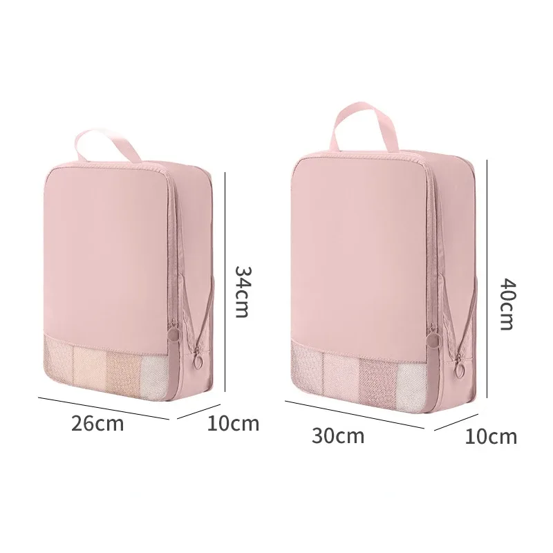 organisateur voyage polyester beige bandes verticales poignées latérales compresseur sac chaussures pochette rangement housse vêtements kaki rose