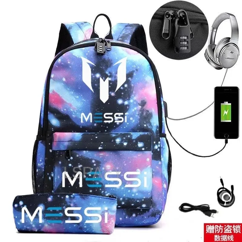 sac à dos messi tendance (lot de 2) – anti-vol, unisexe, simple, pour ordinateur portable, avec port usb, grande capacité, idéal pour les voyages, l'école, les garçons et les filles