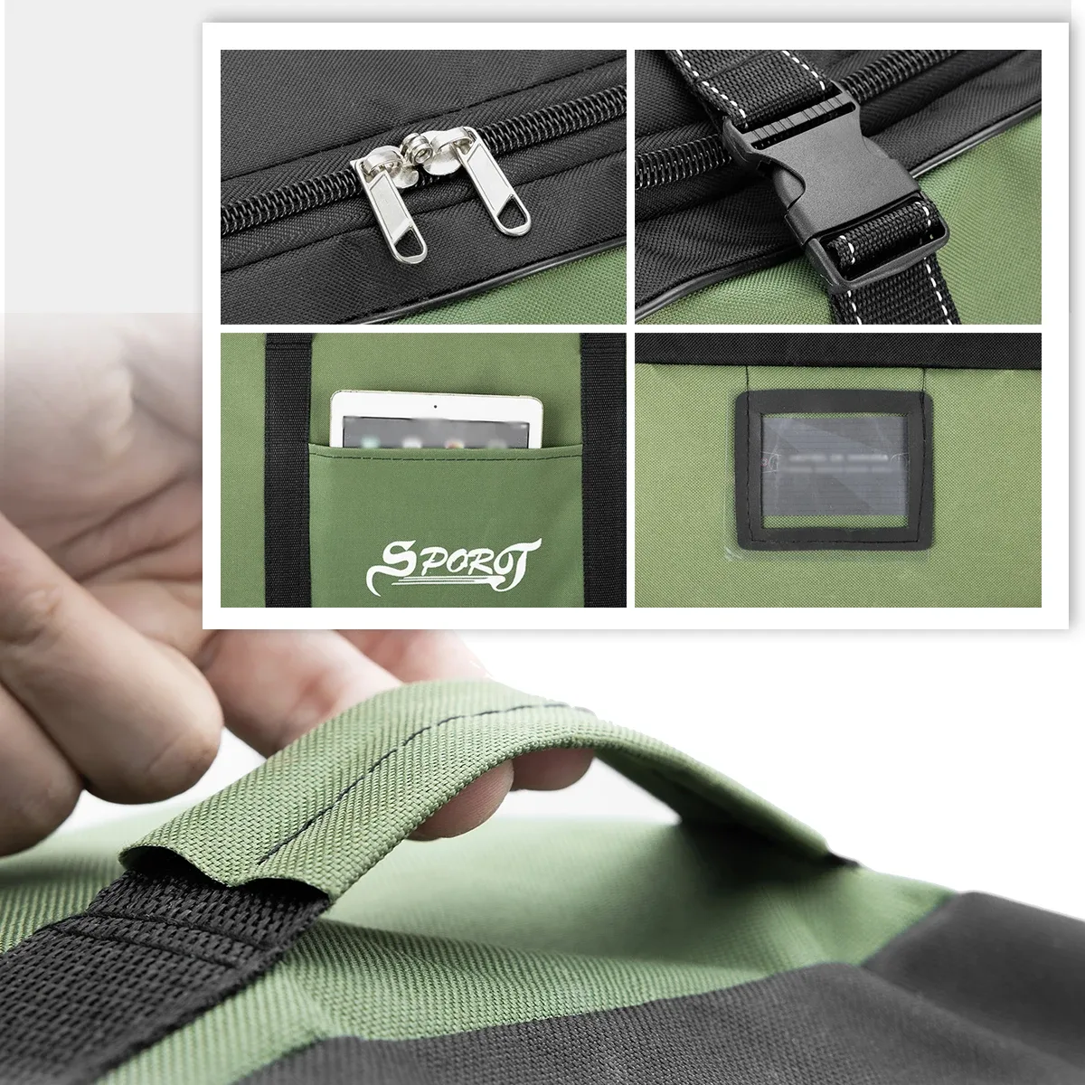 sac voyage polyester vert olive noir bandes stables roues poignées transport grande taille capacité