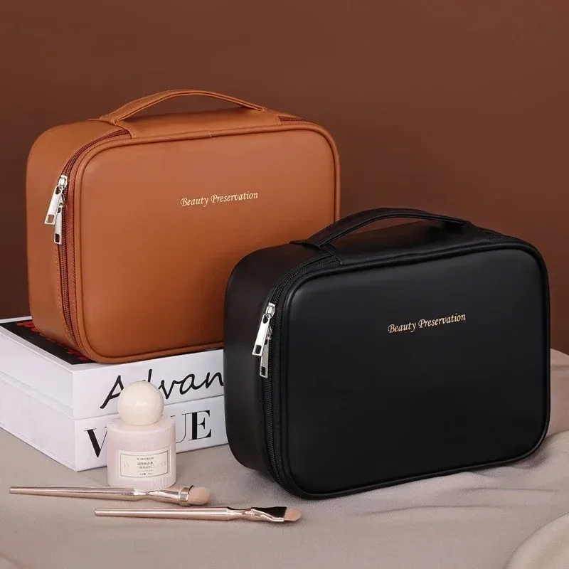 trousse cosmétique simili cuir beige rose marron noir pochette transparente compartiments fermeture éclair voyage maquillage toilette
